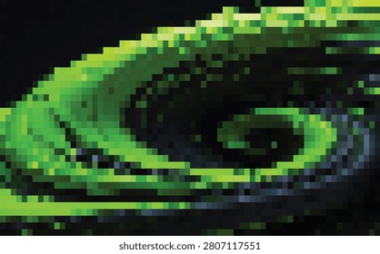 An intriguing abstract digital image featuring a vibrant green pixelated spiral shape, creating a sense of depth and continuous motion against a deep, dark background.