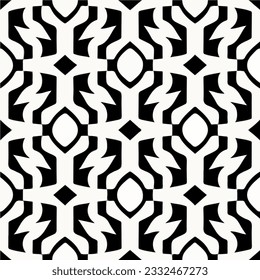 Intriguing black and white abstract design combines art deco elements with geometric pattern ornaments. The result is a captivating pattern that evokes a sense of modernity and sophistication.