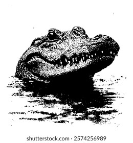 intriguing black and white vector illustration of a crocodile’s head peeking above the water, featuring detailed textures and sharp details for a dramatic wildlife design.