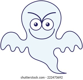Intriguing blue ghost in minimalist style, with big head and bulging eyes, while floating, smiling mischievously and staring at you