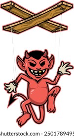 Intriguing cartoon of a demon puppet, symbolizing ‘Control Your Demons.’ Ideal for mental health themes, self-improvement, and Halloween designs. Bold and thought-provoking!