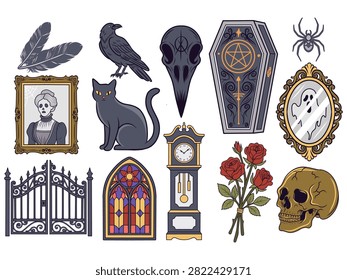 Intriguing collection of gothic and mystical vector illustrations, featuring enigmatic vintage objects, dark creatures, and antique symbols for spooky projects