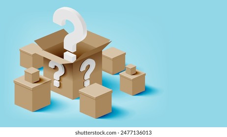 An intriguing collection of mystery boxes with prominent question marks,  blue background. Perfect for promotions, surprises, and unboxing campaigns that aim to captivate and engage audiences.