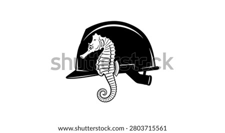 Intriguing concept merging a seahorse with a safety helmet, suitable for marine engineering, offshore construction, underwater safety, and nautical industrial projects.