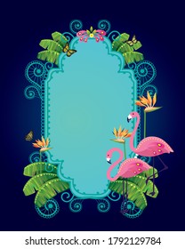 Intriguing frame with flamingo birds and tropical plant drawing. Bird of paradise flower and butterflies flying around.