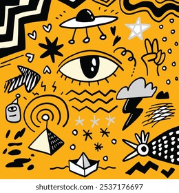 Intriguing hand drawn doodles featuring abstract symbols like a large eye, UFO, lightning, clouds, and various shapes on a yellow background.