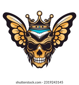 An intriguing illustration of a skull head wearing a crown with beautifully detailed butterfly wings, perfect for a bold and distinctive logo design