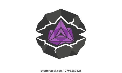 Intriguing logo of a glowing purple amethyst crystal inside a dark stone, perfect for fantasy gaming, jewelry brands, or geological exploration themes.