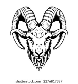 Intriguing and powerful Hand drawn line art illustration of a goat head logo, showcasing strength and symbolism