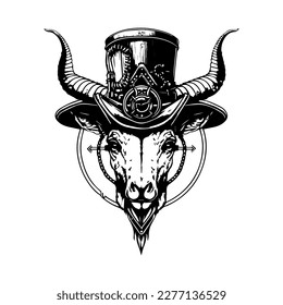 Intriguing and powerful Hand drawn line art illustration of a goat head logo, showcasing strength and symbolism
