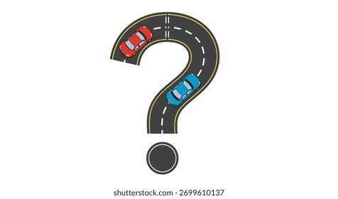 Intriguing road shaped like a question mark, with a red and blue car navigating its curves, symbolizing choices and unknown paths.
