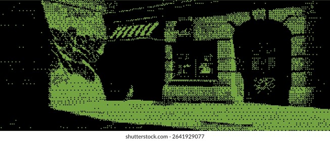An intriguing urban street presents elegant architecture highlighted by shadows at dusk. A bear silhouette, possibly a symbol or mural, adds a whimsical touch to the setting. Bitmap y2k zine bg. 