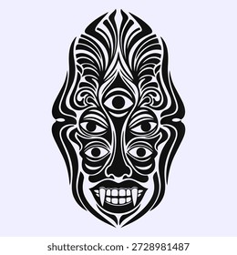 Intrigante Ilustración vectorial de una máscara tribal mística y multiocular con colmillos afilados. Perfecto para temas de ocultismo, fantasía, mitología y estética oscura. Elemento de Diseño gráfico de alto impacto.
