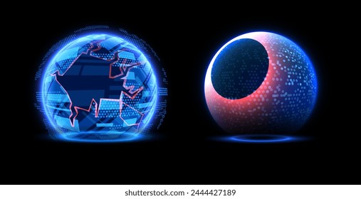 Intriguing vector illustration portraying a transparent shield encompassing a luminescent sphere. The sphere casts radiant spectral hues, while the shield reflects a metallic sheen.