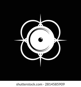 Intriguing white geometric icon resembling an eye or celestial body, perfect for surveillance companies, optical brands, or cosmic themes.