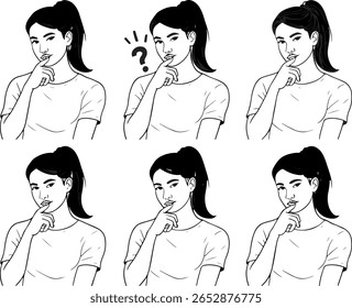 Ilustrações de mulher intrigantes Uma coleção de posas femininas pensivas e misteriosas na arte vetorial