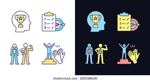 Intrinsic motivation light and dark theme RGB color icons set. Better emotional state when motivated. Isolated vector illustrations on white and black space. Simple filled line drawings pack