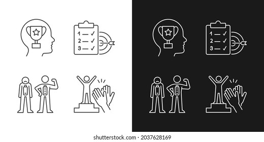 Intrinsic motivation linear icons set for dark and light mode. Need for recognition, approval. Customizable thin line symbols. Isolated vector outline illustrations. Editable stroke