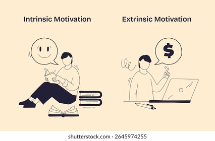 Intrinsic vs Extrinsic Motivation contrasts self-driven joy from learning with reward-driven actions, key objects, book, smiley face, dollar sign. Doodle style diagram