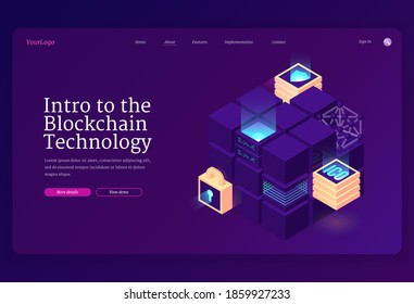 Intro To Blockchain Technology Isometric Landing Page. Cryptocurrency Mining Concept With Data Center Or Server Room Blocks, Bitcoin, Shield, Key Hole On Neon Glowing Background, 3d Vector Web Banner