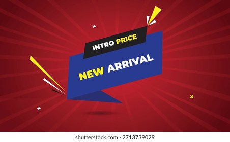 Precio de introducción Nueva llegada Web Anuncio Arte vectorial Plantilla de diseño Insignia Icono Etiqueta Azul Negro Gris Formas Blanco Amarillo Negrita Texto Luz roja oscura Sol Brillo Fondo de negocios abstracto Perfecto para moderno PR
