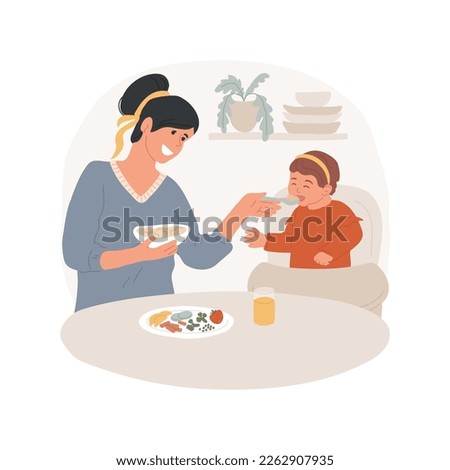 Introduce solids isolated cartoon vector illustration. Young mother feeding her baby solid food with spoon, spending time with kid, family lifestyle, nutrition for little child vector cartoon.