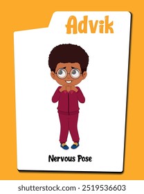 Presentamos a Advik, el personaje de dibujos animados africano, que muestra una variedad de expresiones nerviosas mientras está en un elegante traje de pista. Esta Ilustración vectorial expresiva captura sus momentos de ansiedad con au