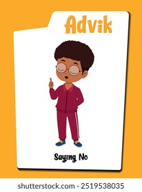 Introducing Advik, the African boy cartoon character, firmly saying "no" while dressed in a stylish track suit. This expressive vector illustration captures his decisive stance and clear communication