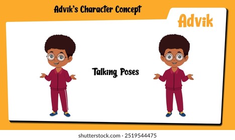 Presentamos a Advik, el personaje de dibujos animados de un niño africano, hablando animadamente mientras lleva un traje de pista fresco. Esta animada Ilustración vectorial captura su comunicación expresiva.