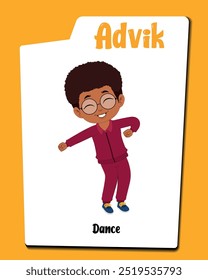 Introducing Advik, the lively African boy cartoon character, caught mid-dance in a stylish track suit. This vibrant vector illustration captures his joyful movement and energetic spirit.