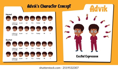 "Presentamos a Advik, el vibrante personaje africano de dibujos animados, que irradia emoción con una cara expresiva y sincronización de labios. Vestido con un traje de pista dinámico, este conjunto de Vector ofrece una gama de gestos de la mano.