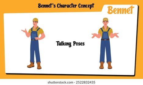 Introducing "Bennet: Handyman and Builder Cartoon Character," an animated pack featuring a lively man in overalls with tools, ready to engage in conversation. Perfect for your projects.