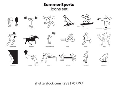 Introducing a comprehensive collection of summer sports icons, this set features a wide range of vector pictograms designed specifically for web based projects, print materials, and various other
