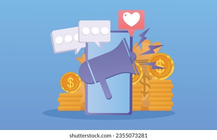 Introducing the concept of friends People share information about making money with affiliate referrals..on blue background.Vector Design Illustration.