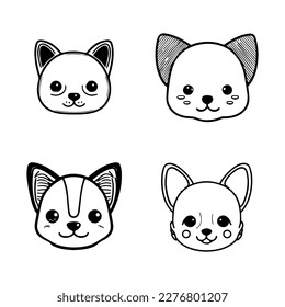 Introducing a cute kawaii dog head logo collection set featuring various breeds, Hand drawn with delicate line art illustrations