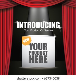 Introducing flyer, marketing or banner background template with dramatic red curtains. To announce a new product, service or business. EPS 10 vector.