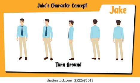 Presentamos a "Jake", un versátil personaje de dibujos animados de empleados masculinos que se muestra en una hoja de cambio de dirección detallada, con múltiples ángulos y expresiones en su uniforme de oficina.