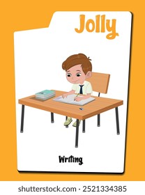 Vorstellung von "Jolly: The Schoolboy Writing" - eine reizende Cartoon-Figur, die Kreativität und Konzentration verkörpert! In seiner Schuluniform gekleidet.