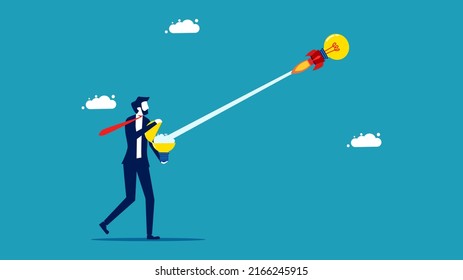 Introducing new innovations. A creative start in business. rocket launch from open bulb concept