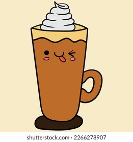 Introducing our adorable coffee cup illustration with a cute smiling face and delightful whipped cream topping. Perfect for coffee lovers who want to add a touch of sweetness to their day. 