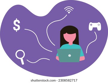 Introducing our captivating vector illustration featuring a girl diligently working with her laptop. 