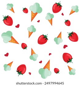 Introducing our vibrant, summery seamless pattern featuring fresh strawberries and delightful ice cream