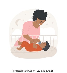 Presentamos la ilustración de un vector de dibujos animados aislados de pacificador. Mamá le da el pacificador a su bebé, la hora de acostarse, juguetes tranquilizadores, higiene del sueño de los niños, caricatura vectorial del proceso de unión de la madre.