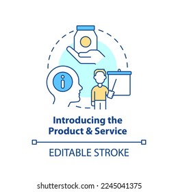 Introducing product and service concept icon. New hire employee training step abstract idea thin line illustration. Isolated outline drawing. Editable stroke. Arial, Myriad Pro-Bold fonts used