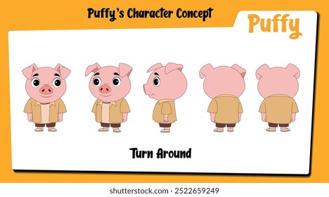 Die Einführung von "Puffy", einem vielseitigen Schweine-Cartoon-Charakter, der in einem detaillierten Turnaround Sheet vorgestellt wird und mehrere Winkel und Ausdrücke zeigt.