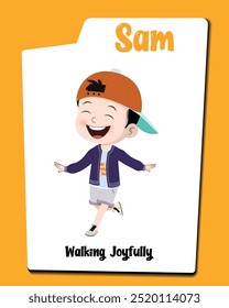 Introducing Sam, the cheerful boy cartoon character in a cap, walking joyfully! This delightful collection captures his lively strides and radiant expressions.