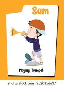 Presentamos a Sam, el animado personaje de dibujos animados en una gorra, tocando alegremente su trompeta! Esta vibrante colección captura su entusiasmo musical y expresiones lúdicas.
