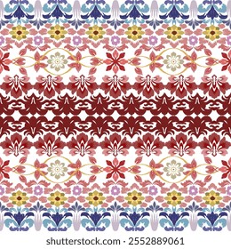 Apresentando um padrão de listras horizontais multicoloridas com uma borda de bordado floral Ikat. Este design inspirado na etnia é criado usando desenhos vetoriais para alcançar ele nítido e detalhado