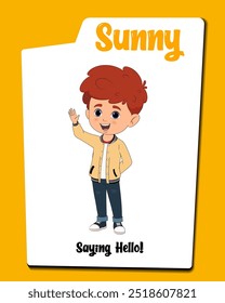 Presentando a Sunny, el encantador chico de dibujos animados pelirrojo diciendo alegremente "¡hola!" Esta colección presenta su onda amistosa y un cálido saludo.