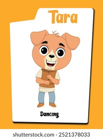 Introducing Tara, the lively brown dog cartoon character dancing with joy and energy. This vibrant illustration captures her playful spirit.